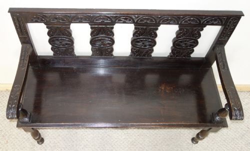 VICTORIAN CARVED DARK OAK HALL SEAT BENCH - ADDITIONAL PHOTO 3