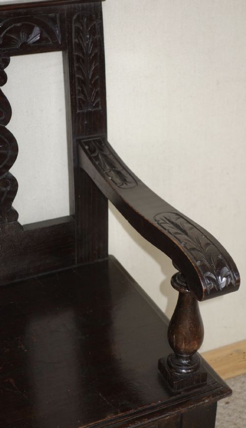 VICTORIAN CARVED DARK OAK HALL SEAT BENCH - ADDITIONAL PHOTO 4