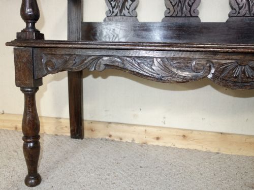 VICTORIAN CARVED DARK OAK HALL SEAT BENCH - ADDITIONAL PHOTO 7