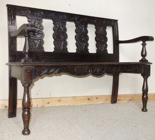VICTORIAN CARVED DARK OAK HALL SEAT BENCH - ADDITIONAL PHOTO 8