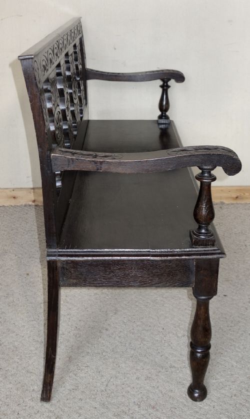 VICTORIAN CARVED DARK OAK HALL SEAT BENCH - ADDITIONAL PHOTO 9