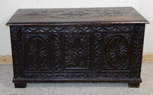 edwardian dark oak carved oak coffer - CATEGORY: ANTIQUE CHESTS - DATED EDWARDIAN