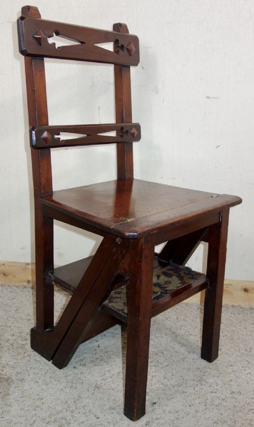 metamorphic victorian mahogany library chair steps - CATEGORY: ANTIQUE CHAIRS - DATED VICTORIAN