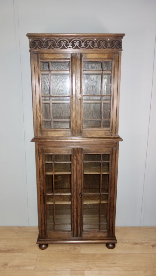 slim narrow oak glazed bookcase - CATEGORY: ANTIQUE BOOKCASES - DATED 1920