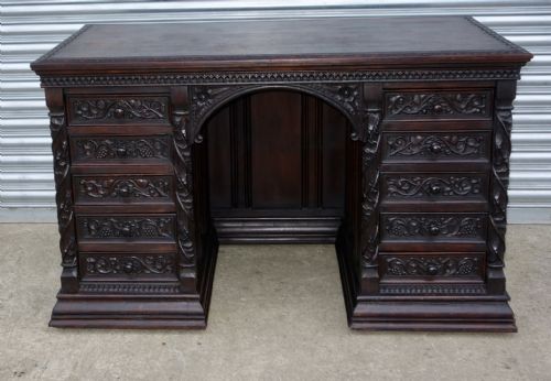 carved oak victorian gothic writing desk - CATEGORY: ANTIQUE DESKS - DATED VICTORIAN