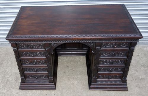 CARVED OAK VICTORIAN GOTHIC WRITING DESK - ADDITIONAL PHOTO 1