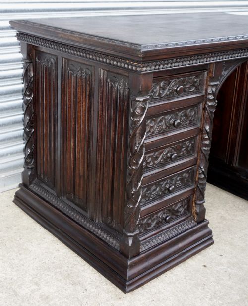 CARVED OAK VICTORIAN GOTHIC WRITING DESK - ADDITIONAL PHOTO 2
