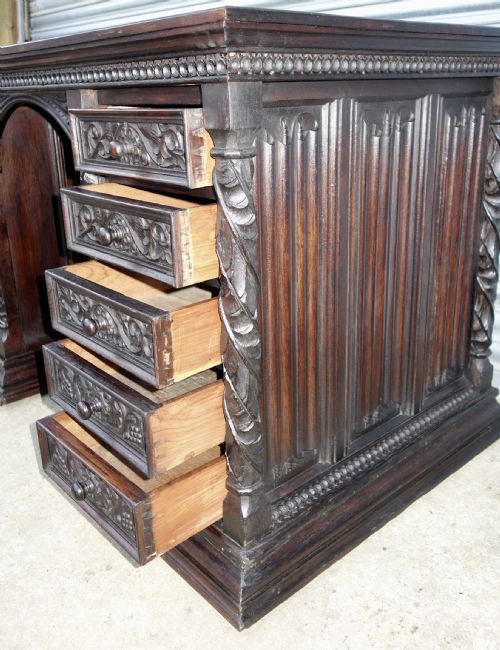 CARVED OAK VICTORIAN GOTHIC WRITING DESK - ADDITIONAL PHOTO 3