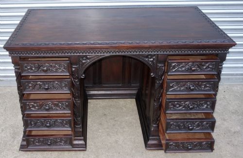 CARVED OAK VICTORIAN GOTHIC WRITING DESK - ADDITIONAL PHOTO 5