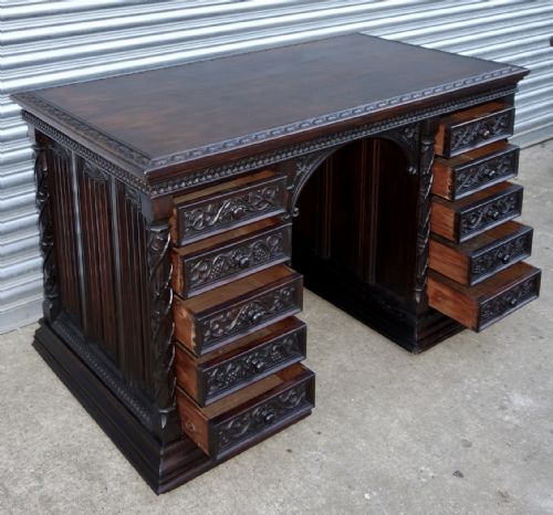 CARVED OAK VICTORIAN GOTHIC WRITING DESK - ADDITIONAL PHOTO 6