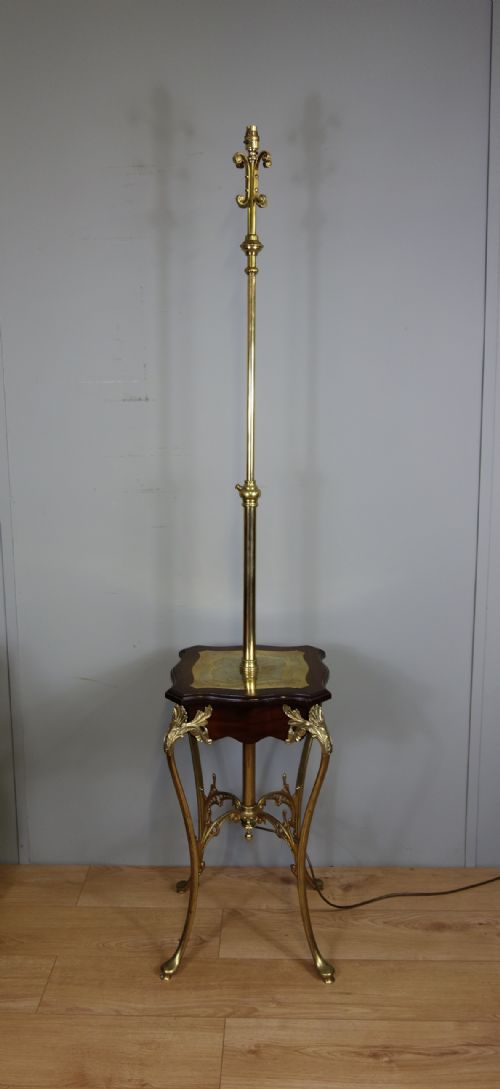 edwardian brass mahogany standard lamp - CATEGORY: ANTIQUE LIGHTING - DATED EDWARDIAN