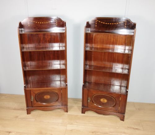 matched pair of edwardian mahogany inlay bookcases - CATEGORY: ANTIQUE BOOKCASES - DATED EDWARDIAN