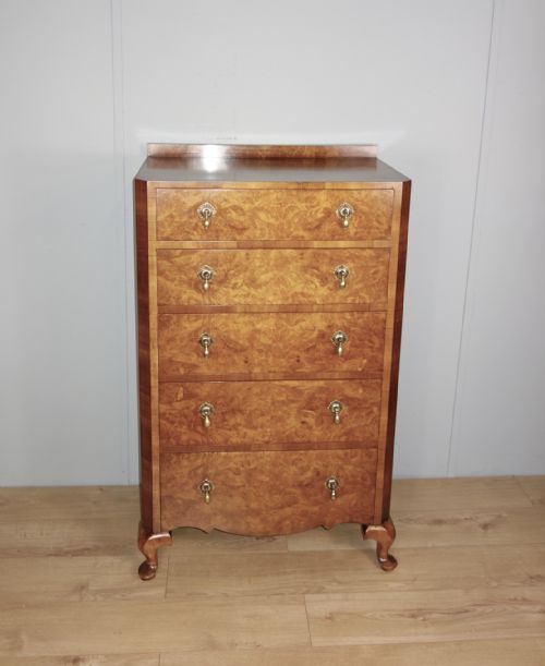 TALL FIGURED WALNUT CHEST OF DRAWERS - ADDITIONAL PHOTO 1