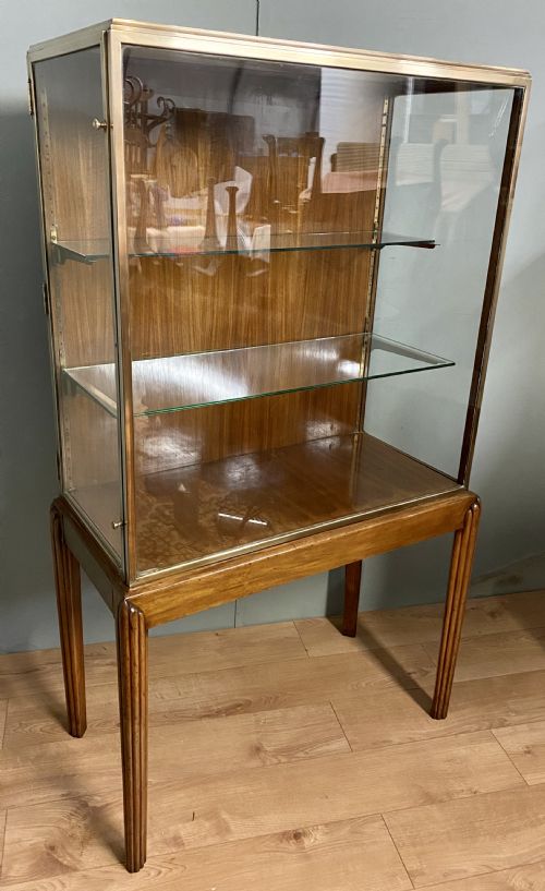 brass glazed shop display cabinet on wooden stand with drawer - CATEGORY: ANTIQUE CABINETS - DATED 1920