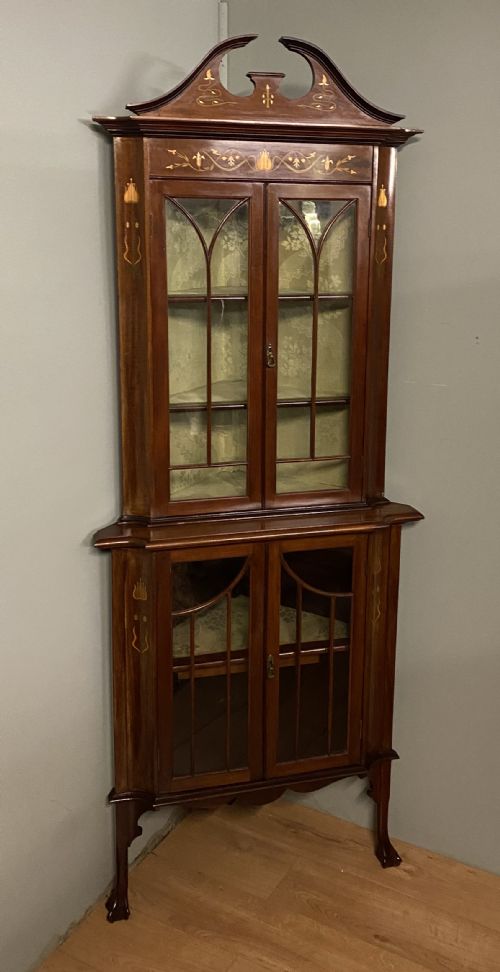 art nouveau mahogany inlay corner cabinet with copper inlay - CATEGORY: ANTIQUE CABINETS - DATED 1910