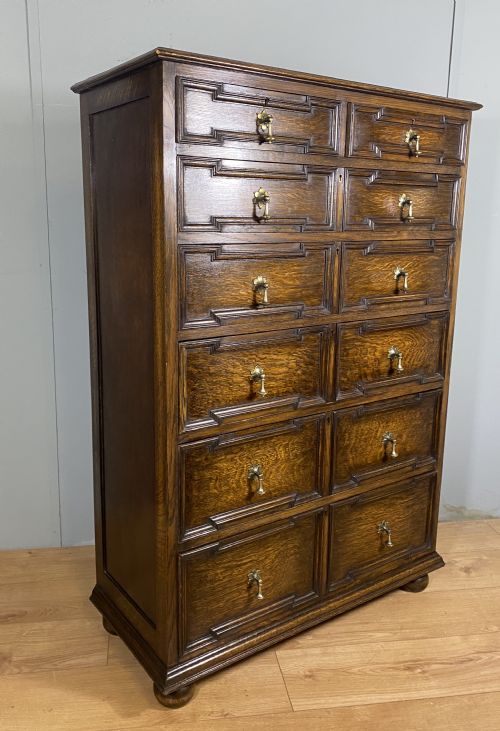 oak geometric tall chest of drawers james shoolbred london - CATEGORY: ANTIQUE CHEST OF DRAWERS - DATED 1930