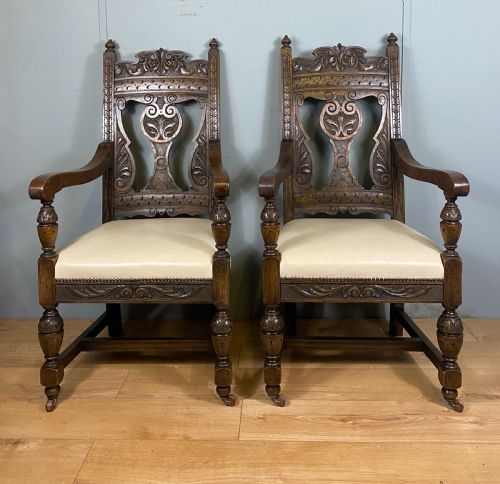 pair of carved oak victorian armchairs - CATEGORY: ANTIQUE CHAIRS - DATED VICTORIAN