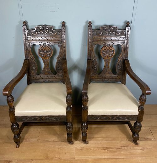 PAIR OF CARVED OAK VICTORIAN ARMCHAIRS - ADDITIONAL PHOTO 1
