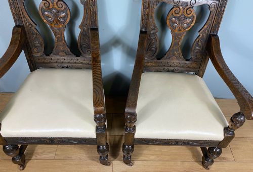 PAIR OF CARVED OAK VICTORIAN ARMCHAIRS - ADDITIONAL PHOTO 4