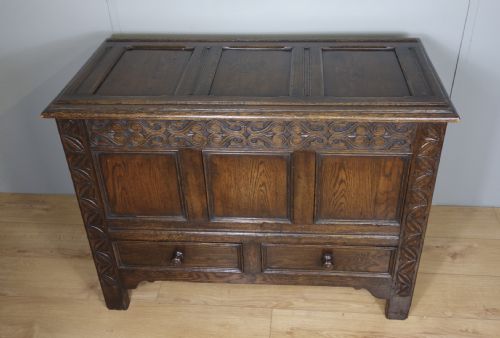 carved oak two drawer coffer - CATEGORY: ANTIQUE CHESTS - DATED 1930