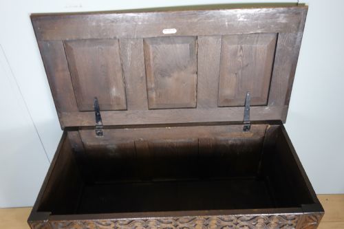 CARVED OAK TWO DRAWER COFFER - ADDITIONAL PHOTO 4