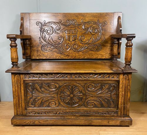 carved oak victorian monks bench - CATEGORY: ANTIQUE FURNITURE - DATED 1880