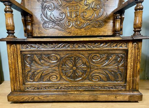 CARVED OAK VICTORIAN MONKS BENCH - ADDITIONAL PHOTO 1