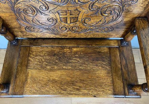 CARVED OAK VICTORIAN MONKS BENCH - ADDITIONAL PHOTO 5