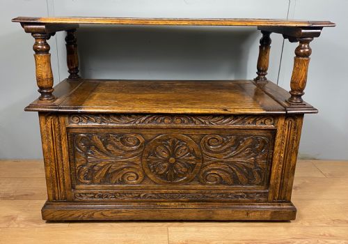 CARVED OAK VICTORIAN MONKS BENCH - ADDITIONAL PHOTO 7