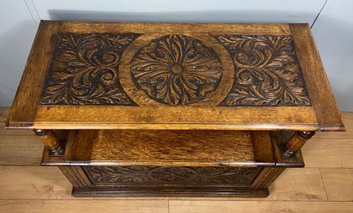 CARVED OAK VICTORIAN MONKS BENCH - ADDITIONAL PHOTO 8
