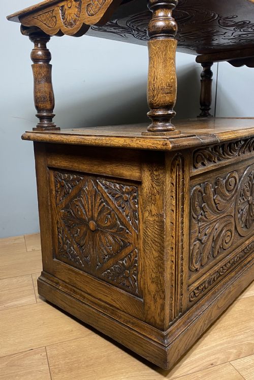 CARVED OAK VICTORIAN MONKS BENCH - ADDITIONAL PHOTO 9