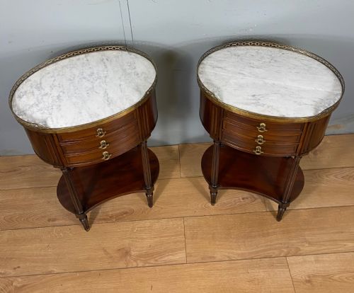 PAIR OF FRENCH OVAL MAHOGANY MARBLE BEDSIDE TABLES - ADDITIONAL PHOTO 2