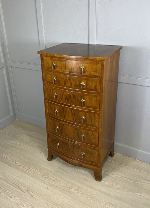 walnut bowfront narrow chest of drawers - CATEGORY: ANTIQUE CHEST OF DRAWERS - DATED 1930