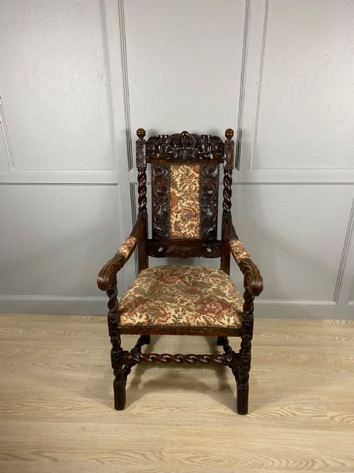 CARVED OAK EDWARDIAN ELBOW CHAIR - ADDITIONAL PHOTO 5