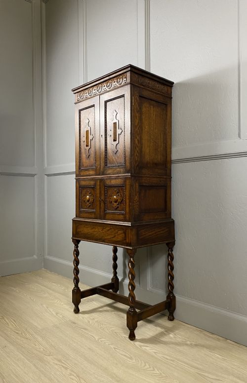barley twist narrow oak cabinet - CATEGORY: ANTIQUE CUPBOARDS - DATED 1920