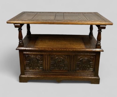 LATE VICTORIAN CARVED OAK MONKS BENCH TABLE - ADDITIONAL PHOTO 1
