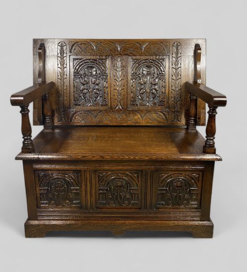 LATE VICTORIAN CARVED OAK MONKS BENCH TABLE - ADDITIONAL PHOTO 2