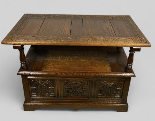 LATE VICTORIAN CARVED OAK MONKS BENCH TABLE - ADDITIONAL PHOTO 3