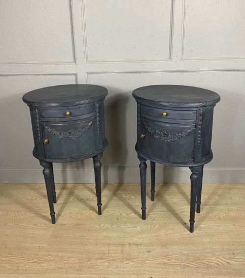 pair of french oval blue painted bedside cabinets - CATEGORY: ANTIQUE CUPBOARDS - DATED 1930
