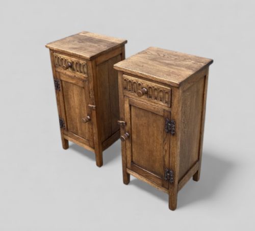 PAIR OF CARVED OAK JACOBEAN REVIVAL BEDSIDE CUPBOARDS C 1930 - ADDITIONAL PHOTO 5