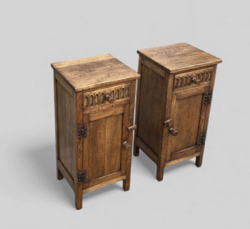 PAIR OF CARVED OAK JACOBEAN REVIVAL BEDSIDE CUPBOARDS C 1930 - ADDITIONAL PHOTO 6