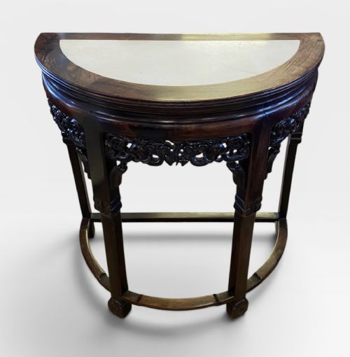 CHINESE EXPORT HARDWOOD MARBLE DEMILUNE CONSOLE TABLE