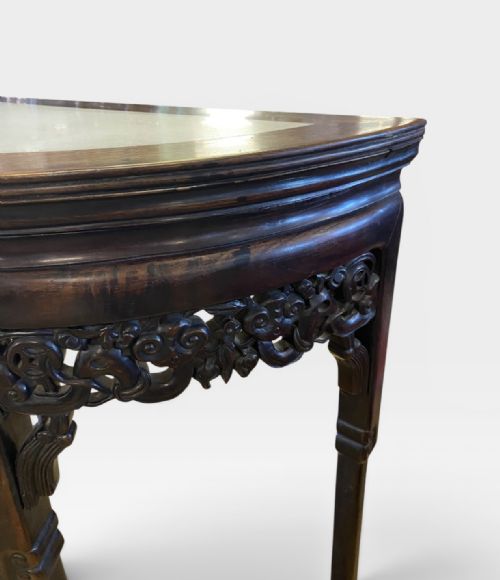 CHINESE EXPORT HARDWOOD MARBLE DEMILUNE CONSOLE TABLE - ADDITIONAL PHOTO 2