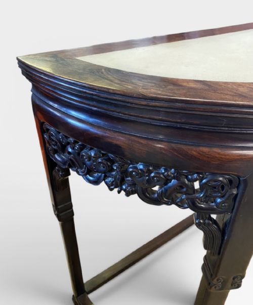 CHINESE EXPORT HARDWOOD MARBLE DEMILUNE CONSOLE TABLE - ADDITIONAL PHOTO 5