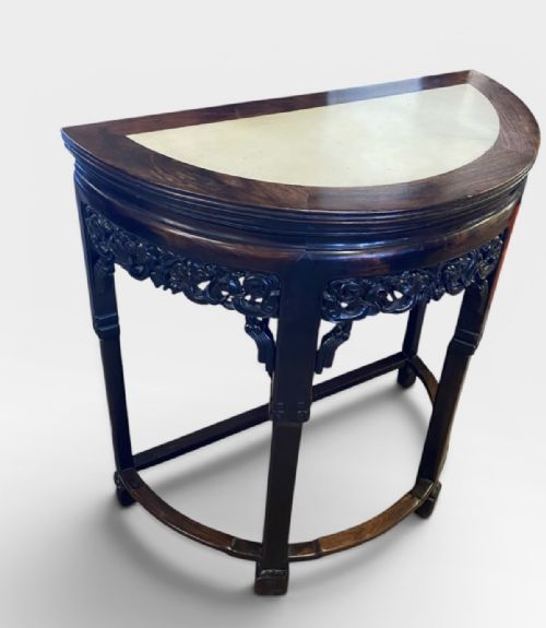CHINESE EXPORT HARDWOOD MARBLE DEMILUNE CONSOLE TABLE - ADDITIONAL PHOTO 9