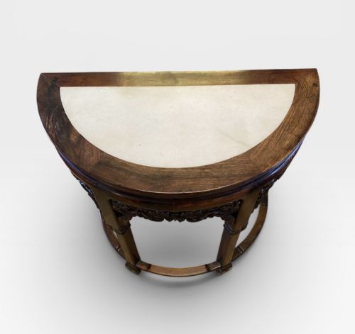 CHINESE EXPORT HARDWOOD MARBLE DEMILUNE CONSOLE TABLE - ADDITIONAL PHOTO 12