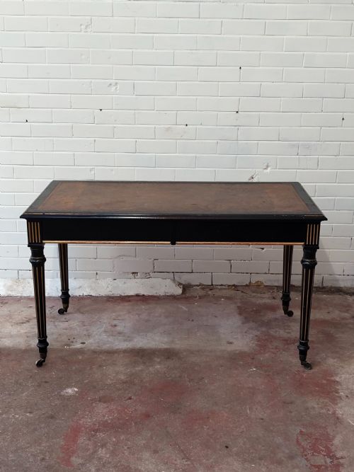 ANTIQUE VICTORIAN ENGLISH AESTHETIC MOVEMENT EBONISED LEATHER TOP LIBRARY WRITING TABLE - ADDITIONAL PHOTO 3