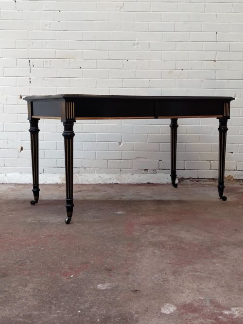 ANTIQUE VICTORIAN ENGLISH AESTHETIC MOVEMENT EBONISED LEATHER TOP LIBRARY WRITING TABLE - ADDITIONAL PHOTO 13