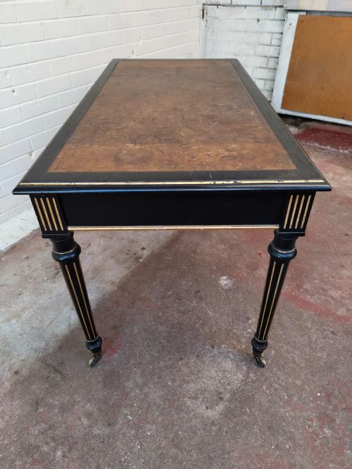 ANTIQUE VICTORIAN ENGLISH AESTHETIC MOVEMENT EBONISED LEATHER TOP LIBRARY WRITING TABLE - ADDITIONAL PHOTO 15