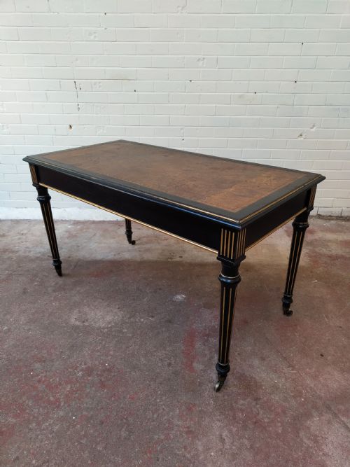 ANTIQUE VICTORIAN ENGLISH AESTHETIC MOVEMENT EBONISED LEATHER TOP LIBRARY WRITING TABLE - ADDITIONAL PHOTO 16